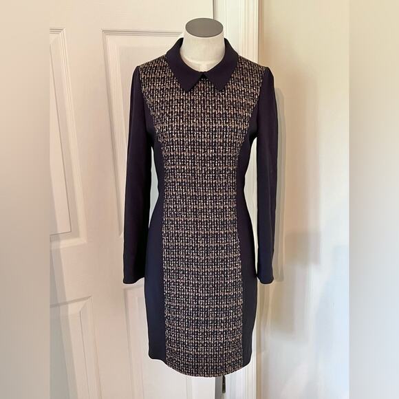 2ME Dressy Tweed Metallic Knit Long Sleeve Navy Career Sheath Dress Size XS-S - Picture 1 of 5
